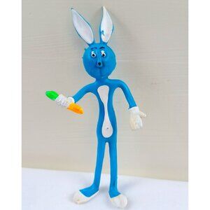 Blue Bunny Figurine Holding Carrot Toy 5" Tall Made Of Plastic